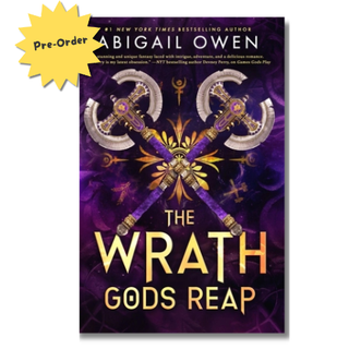 Book cover for 'The Wrath of Gods Reap' by Abigail Owen, featuring a purple and black background with two crossed axes and a yellow starburst label reading 'Pre-Order' in the top-left corner.