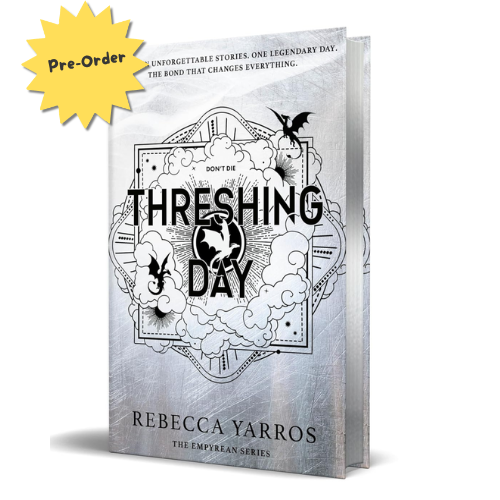 Book cover for 'Threshing Day' by Rebecca Yarros, shown as a 3D book mockup with a yellow 'Pre-Order' starburst badge in the top-left corner. The cover features a textured silver-gray background with black gothic-style text and illustrations of birds and clouds.