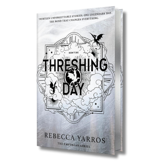 The book cover of 'Threshing Day' by Rebecca Yarros, featuring a textured silver-gray background with black gothic-style illustrations of a bird, a clover, and a central bird silhouette. The title is written in large, bold black letters, and the author's name is displayed at the bottom.