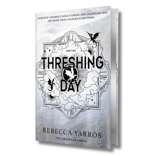 The book cover of 'Threshing Day' by Rebecca Yarros, featuring a textured silver-gray background with black gothic-style illustrations of a bird, a clover, and a central bird silhouette. The title is written in large, bold black letters, and the author's name is displayed at the bottom.
