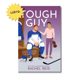 Book cover for 'Tough Guy' by Rachel Reid, featuring an illustrated hockey player in a blue and white jersey sitting on a bench while another person stands beside him. A yellow starburst sticker reading 'LGBTQ+' appears in the top-left corner.