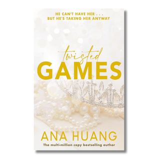 Book cover for 'Twisted Games' by Ana Huang, featuring a white background with gold and silver text, pearls, and a tiara.