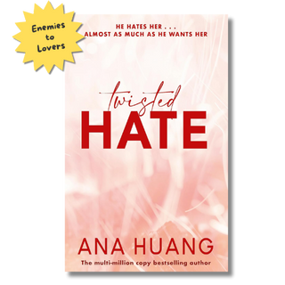 Book cover for 'Twisted Hate' by Ana Huang, featuring a soft pink and white abstract background with bold red title and author text, plus a yellow starburst sticker in the top-left corner.
