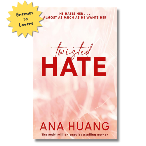 Book cover for 'Twisted Hate' by Ana Huang, featuring a soft pink and white abstract background with bold red title and author text, plus a yellow starburst sticker in the top-left corner.