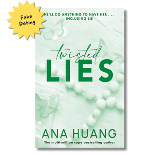Book cover for 'Twisted Lies' by Ana Huang, featuring a pale mint green background with white pearl-like beads, butterflies, and large green title text. A yellow starburst sticker in the top-left corner reads 'Fake Dating.