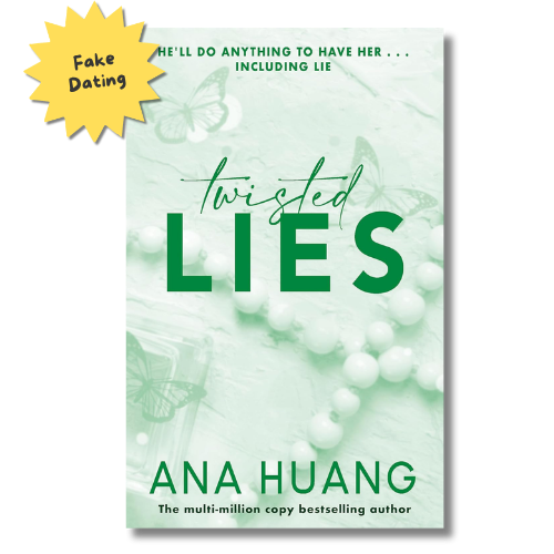 Book cover for 'Twisted Lies' by Ana Huang, featuring a pale mint green background with white pearl-like beads, butterflies, and large green title text. A yellow starburst sticker in the top-left corner reads 'Fake Dating.