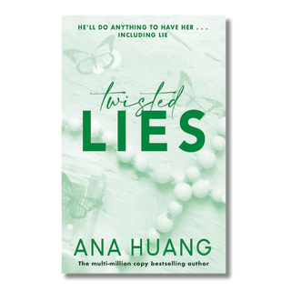Book cover for 'Twisted Lies' by Ana Huang, featuring a pale mint green background with white pearl-like beads, butterfly silhouettes, and large green title text.